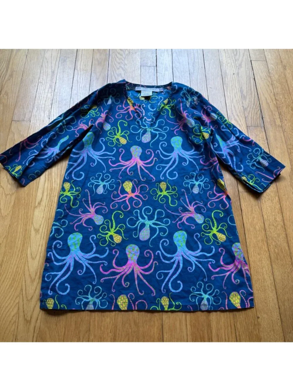 Gretchen Scott Girl Size 10/12 Blue Octopus Cotton Tunic Top Beach Coverup Dress